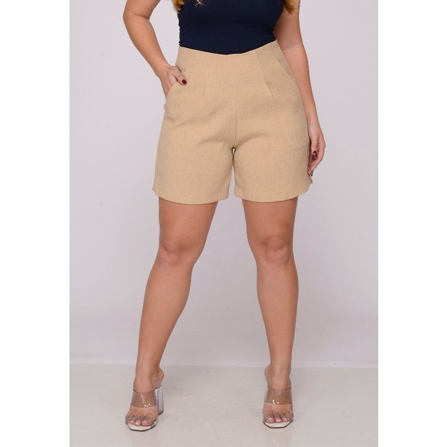 Shorts Alfaiataria Feminino Cintura Alta Tipo Linho Bege