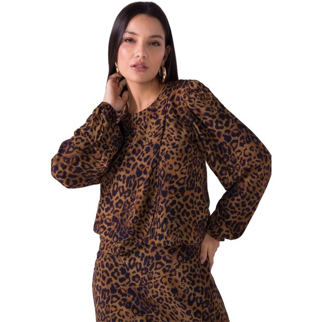 Blusa Feminina Manga Longa Transpassada Animal Print Marialícia Marrom