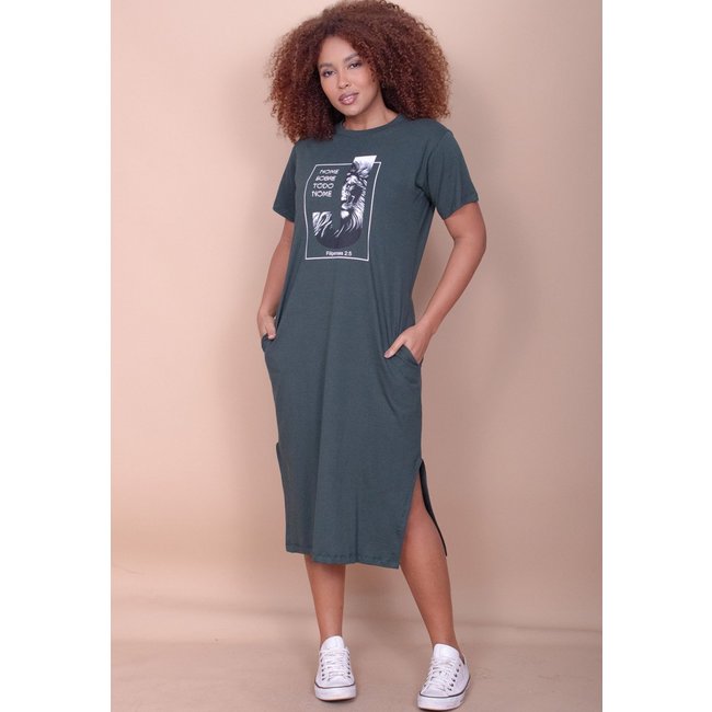 Vestido Cabanafree Midi Algodão Manga Curta Moda Evangélica Verde Musgo