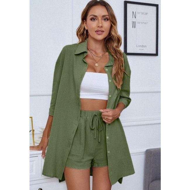 Conjunto De Linho Levosch Camisa e Shorts Verde Militar