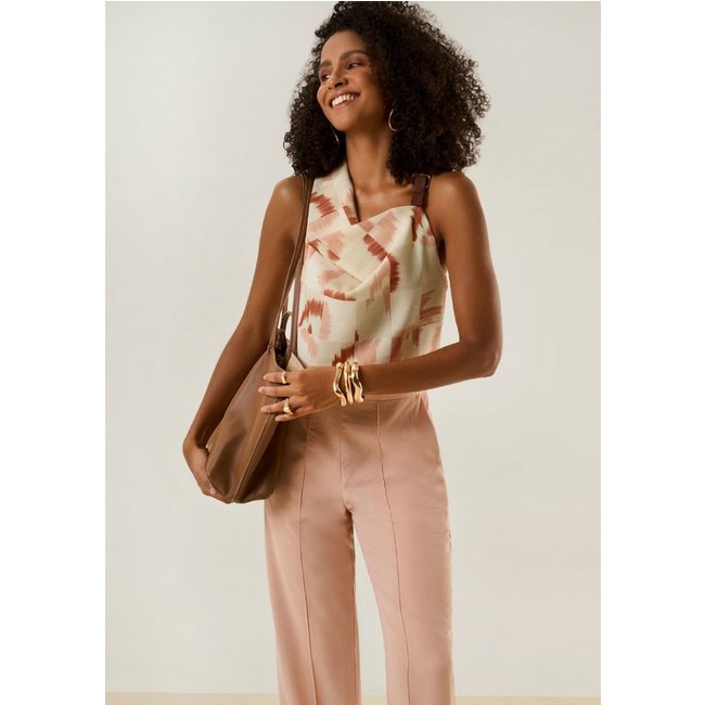 Blusa Maria Valentina Solta Decote V Sem Alça Padrão Bege