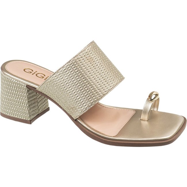 Sandália Feminina Tamanco GiGiL Tira Larga Anel de Dedo Detalhe Metalizado Ring Toe Salto Bloco Elegante Dourado