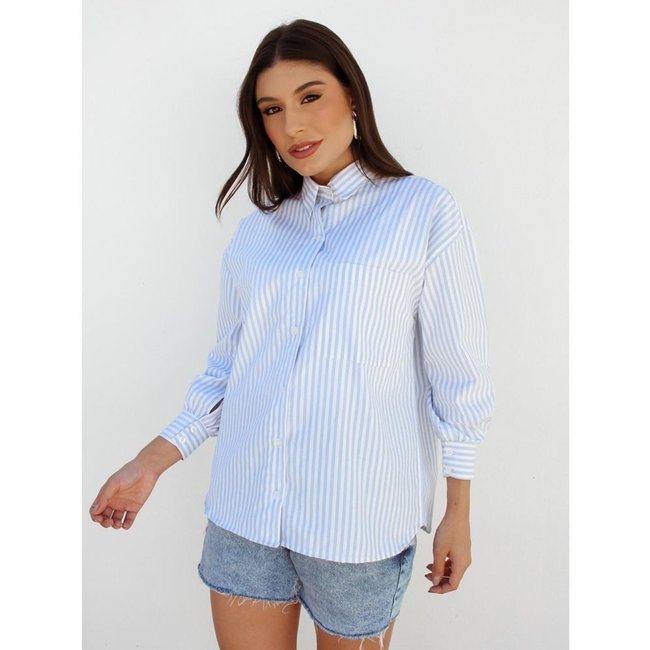 Camisa Feminina Listrada Clássica Manga Longa Alfaiataria Azul