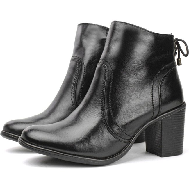 Bota Couro Feminina Cano Curto Salto Médio Bloco Fachete Amarração Casual Preto