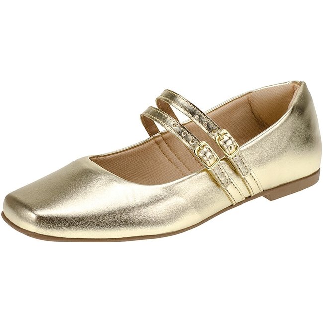 Sapatilha Lóris Shoes Feminina Bico Quadrado Mary Jane Confortável Mocassim Clássico Retro 190 Dourado