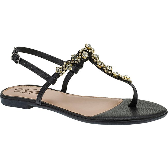 Sandália Fio Pedraria Naty Shoes Flat Preto 34 ao 43 Tamanho Especial 1784