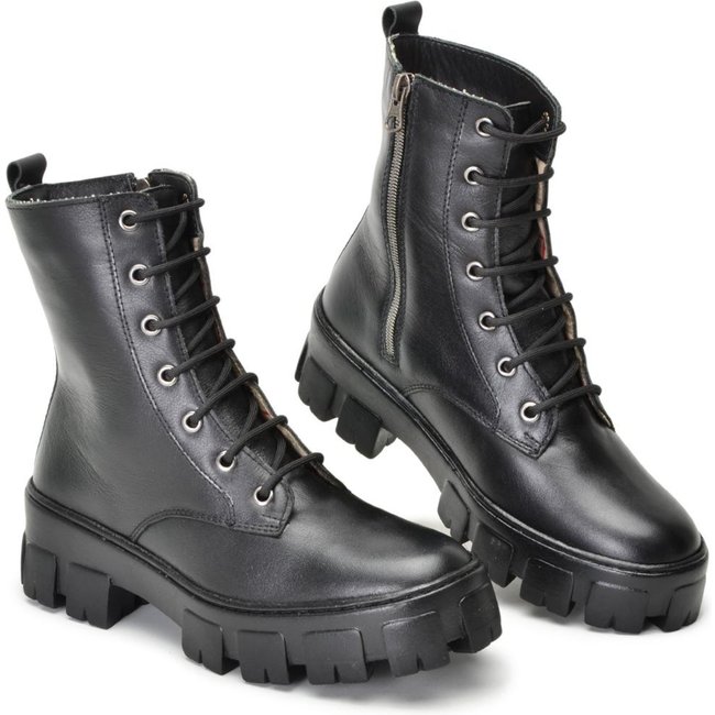 Coturno Feminino Tratorado de Couro Cano Médio Conforto Off White 33 Preto