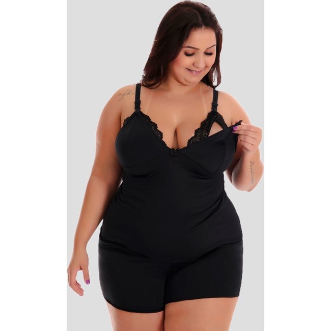 Baby Doll Amamentação Plus Size MdMix Maternidade Pós Parto Preto