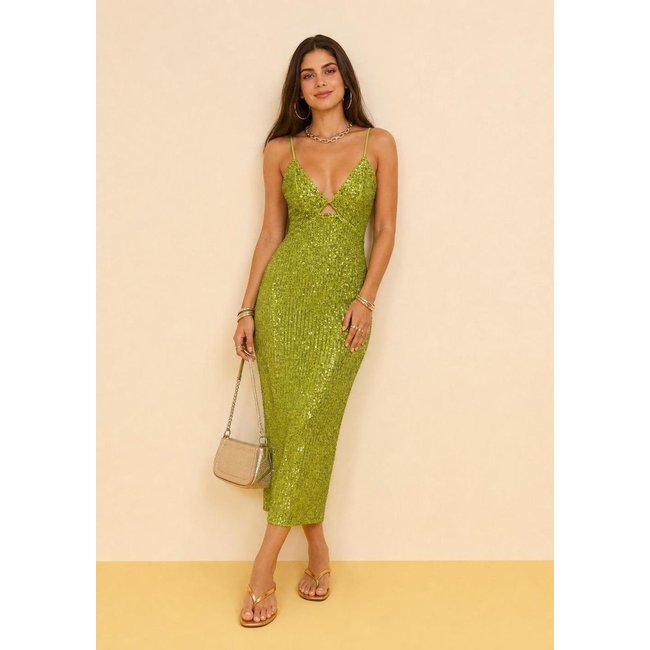 Vestido Zinco Ajustado Decote V Com Alça Midi - Verde