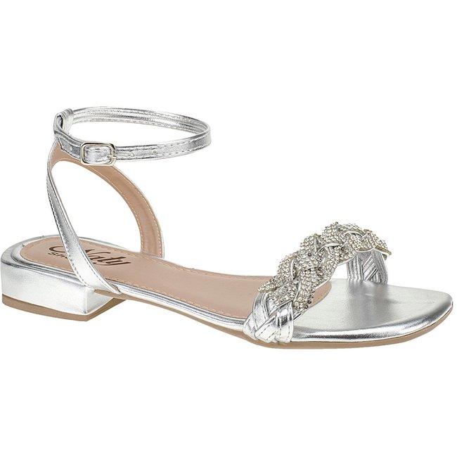 Santália Salto Grosso Quadrado 5cm Trançado Strass Prata
