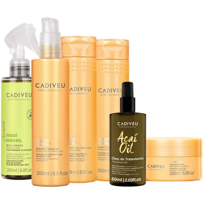 Kit Cadiveu Professional Nutri Glow Shampoo Condicionador Máscara Fluído Leave-in e Açaí Oil 60 (6 produtos)