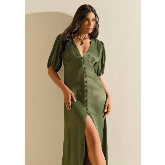 Vestido Morena Rosa Ajustado Decote V Sem Manga Longo Verde