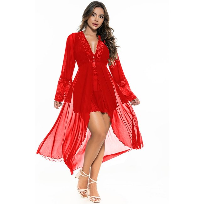 Robe Feminino Gabi Lingerie Longo Tule Renda Sexy Roupão Sensual Noiva Vermelho