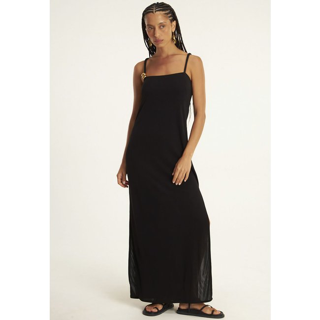 Vestido Cantão Longo Fenda Jersey Preto