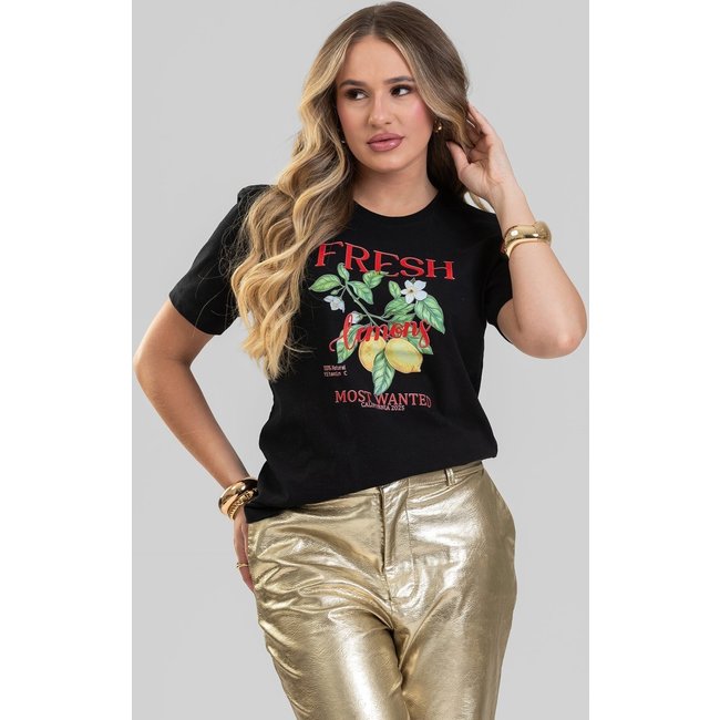Camiseta Feminina Cianitas Preta Estampa Lemons