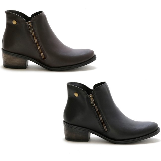 Kit 2 Pares Bota Feminina Cano Baixo Bredeni Coturno Com Ziper Lateral Confortavel Marrom Preta