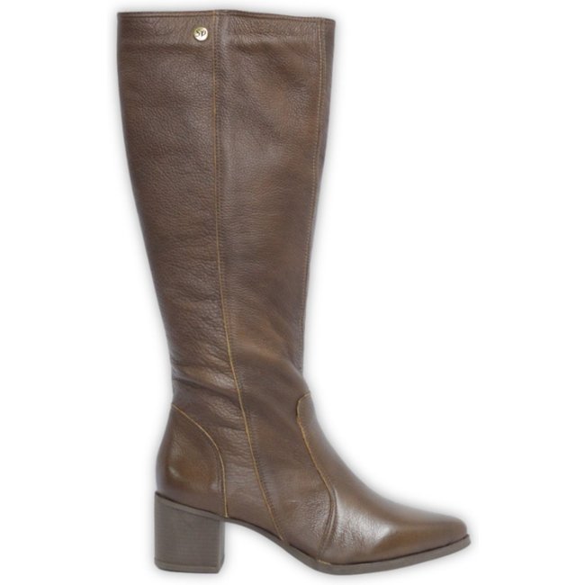 Bota Cano Longo Couro Salto 4 CM Bico Fino Camel Spinelli