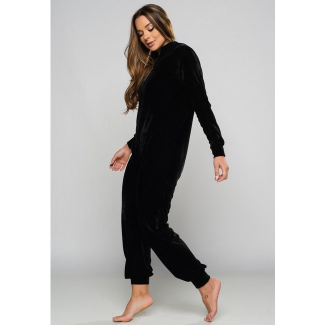 Macacão Longo MVB Modas Veludo Manga Longa Pijama Canguru Preto
