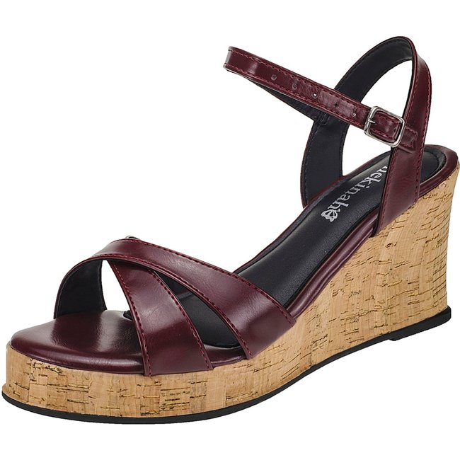 Sandália Feminina Anabela Plataforma Shekinah Confortável Tiras Em X Cruzadas Moda Marsala