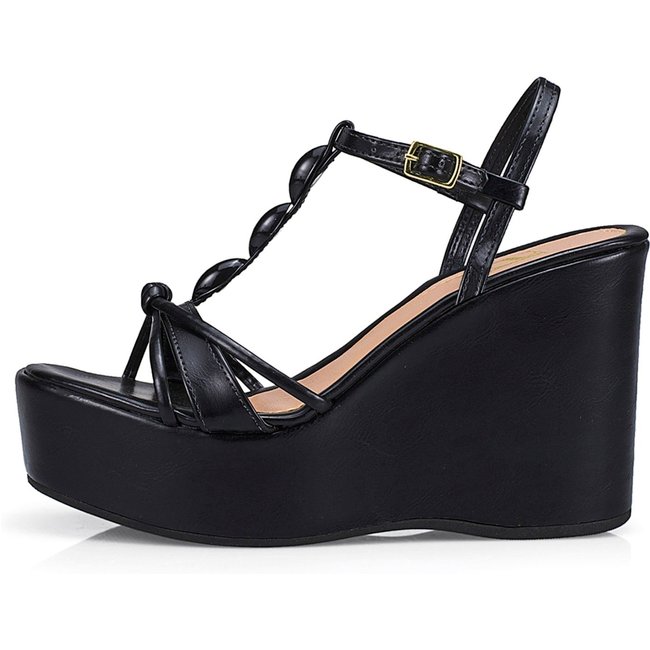 Sandália Feminina Lóris Salto Anabela Plataforma Fivela Elegante Confortável Preto 20803