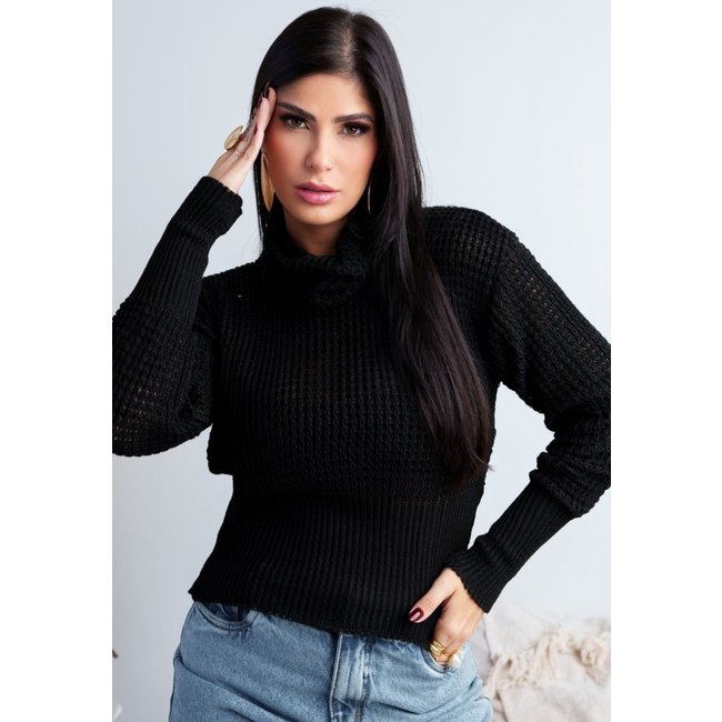 Blusa de Tricot Feminino Pletora Modal com Gola Alta Preto