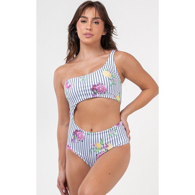 Maiô Feminino Mood Modas Um Ombro Só Estampado Mood Praia Verão Pôr do Sol 366 Branco