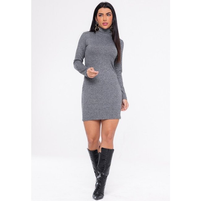 Vestido Curto Canelado Manga Longa Paula Cinza