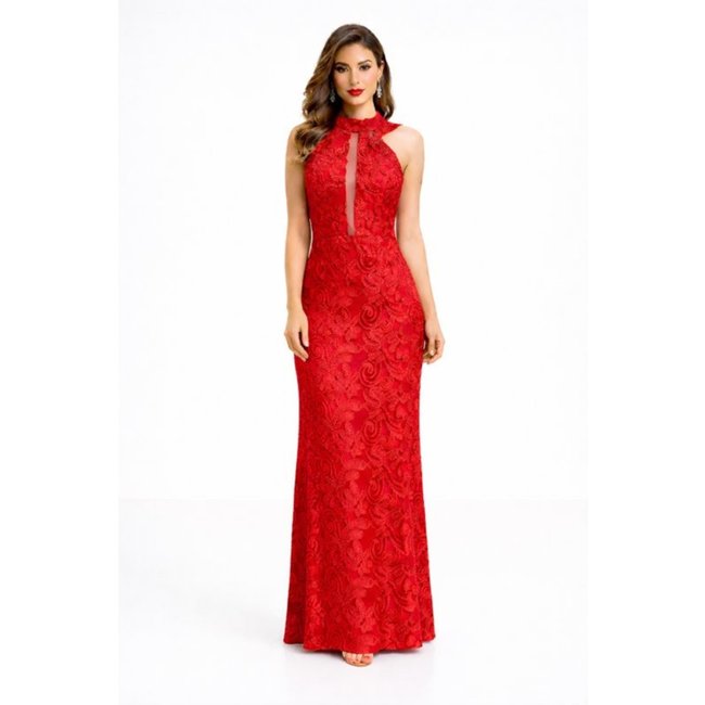 Vestido Longo Renda Gola Alta Costas Bordadas Strass Festa