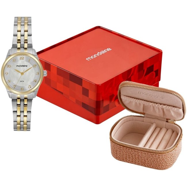 Kit Relógio Feminino Madrepérola Bicolor com Porta Jóias Mondaine