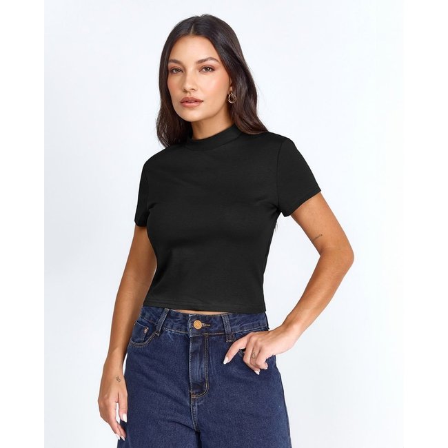 Baby Look Gola Alta Feminina Cropped Premium 90299 Preto Consciência