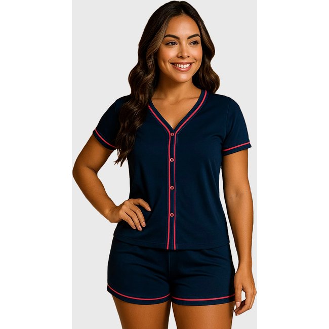Pijama Tetê Variedades Blogueira Manga Curta Conjunto Feminino Americano Conforto para Dormir Azul Marinho