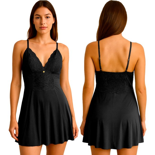 Camisola Tetê Variedades Elegante Confortável em Poliamida Detalhes em Renda Perfeita Para Dormi Preto