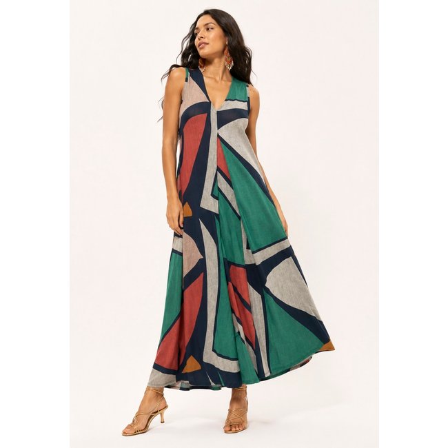 Vestido Longo Amazônia Vital Acará Malha Estampa Geometrias do Tempo