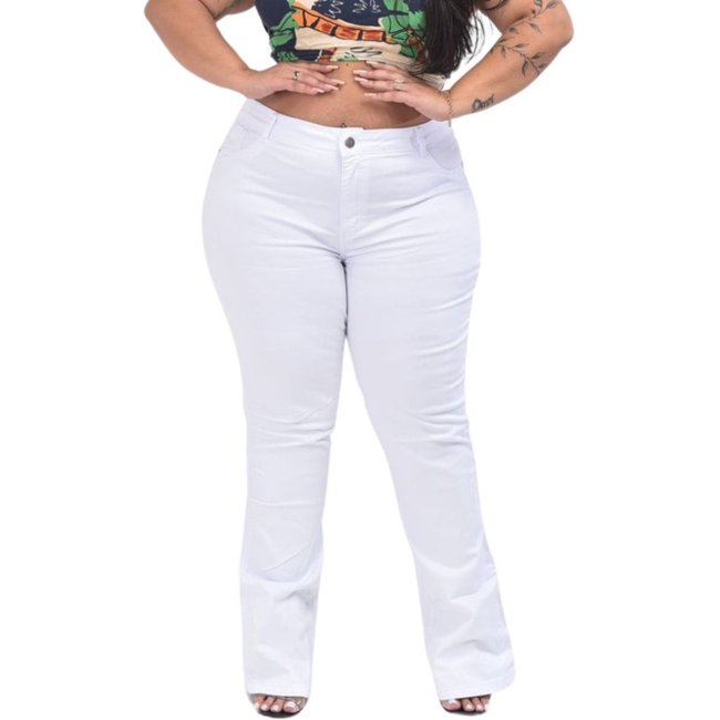 Calça Feminina Flare Branca Plus Size Não fica transparente Alleppo Jeans Eloá