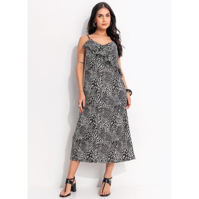Vestido Em Crepe Plano Quintess Onça Preta