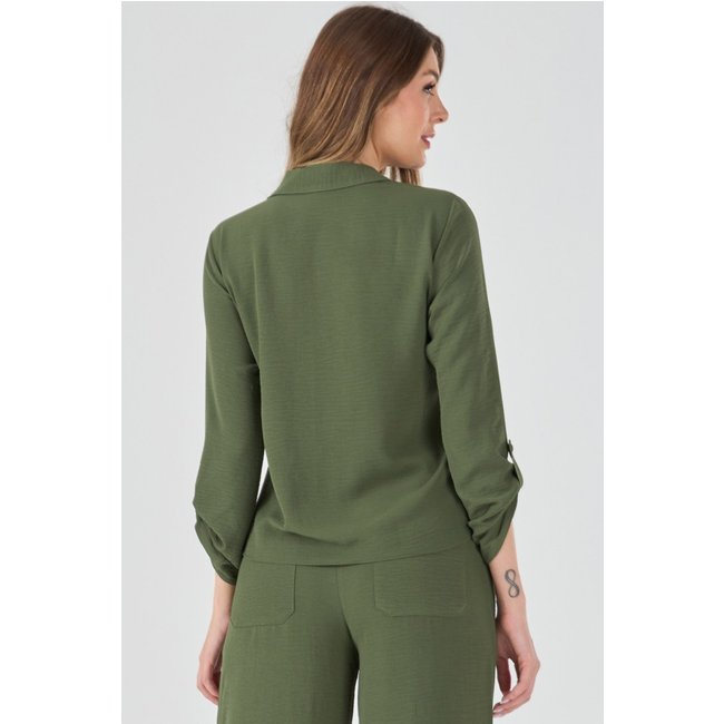 Camisa PKS Manga Longa Bolso Bordado Verde Militar