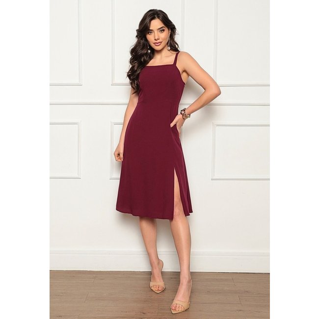 Vestido Midi Elegance Wine em Viscose Premium Fenda na lateral - NKTEX