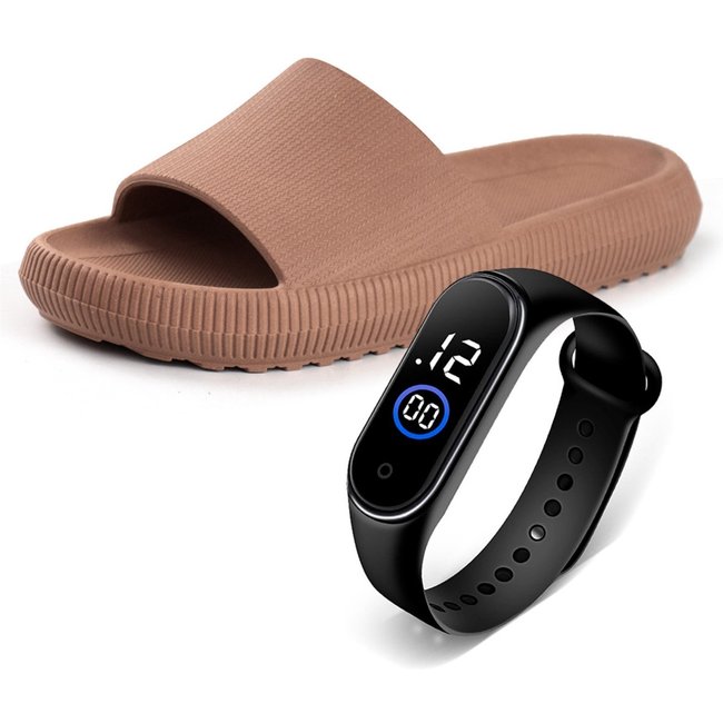 Chinelo Feminino Nuvem Slide Com Relógio Confortável Anatômico Macio Moderno Antiderrapante Marrom