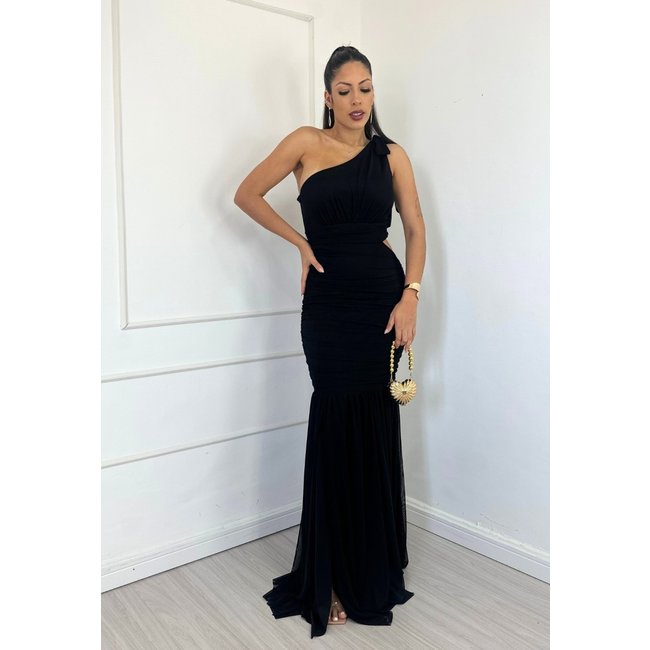 Vestido Longo de Festa Tubinho Sereia Abertura Lateral Jyanelli Preto