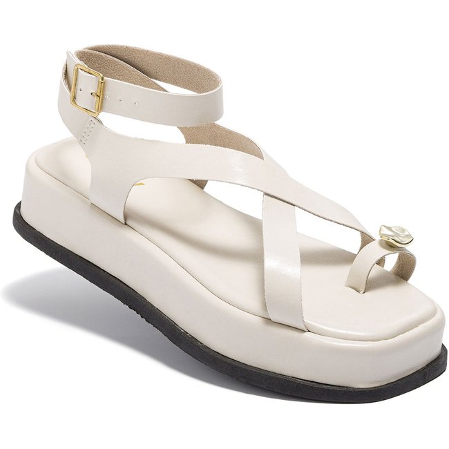 Sandália Feminina Plataforma Flat ABS Dourado Fivela Rasteira Confortável Original Olzzy Off-White