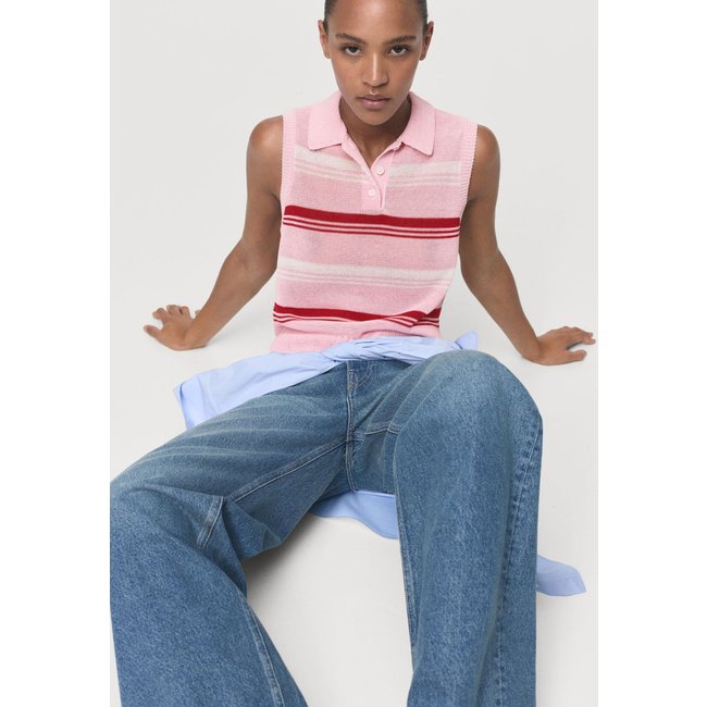 Regata Polo Feminina Mango Listrada Rosa