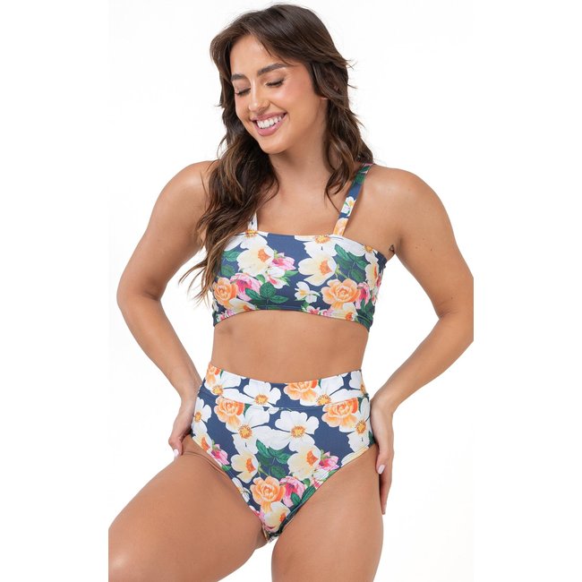 Biquini Hot Pants Mood Modas Top Faixa Estampado Cintura Alta Praia Verão 359 Azul