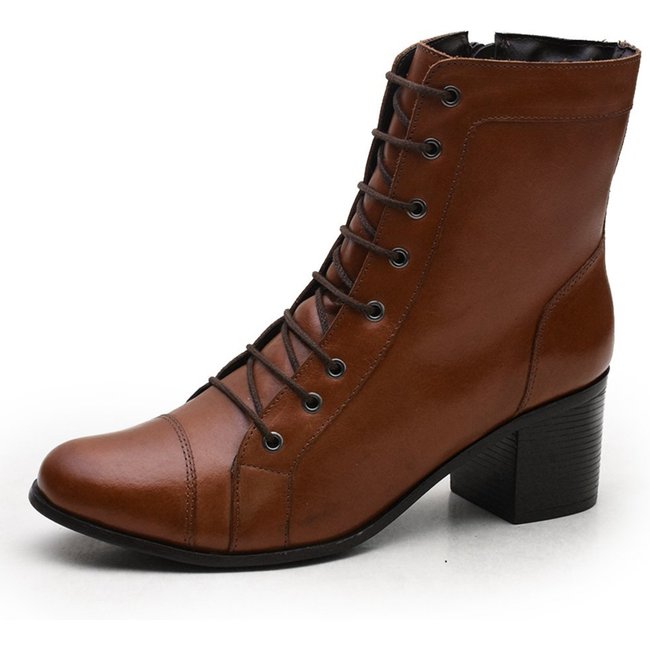 Bota Feminina Em Couro Rangali Com Zíper e Amarração Caramelo