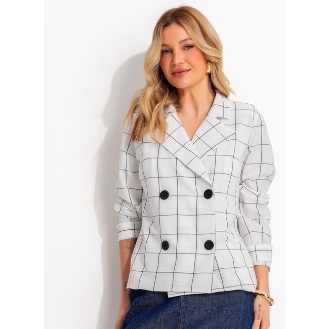 Blazer Em Tecido Alfaiataria Xadrez Grid Off White Quintess
