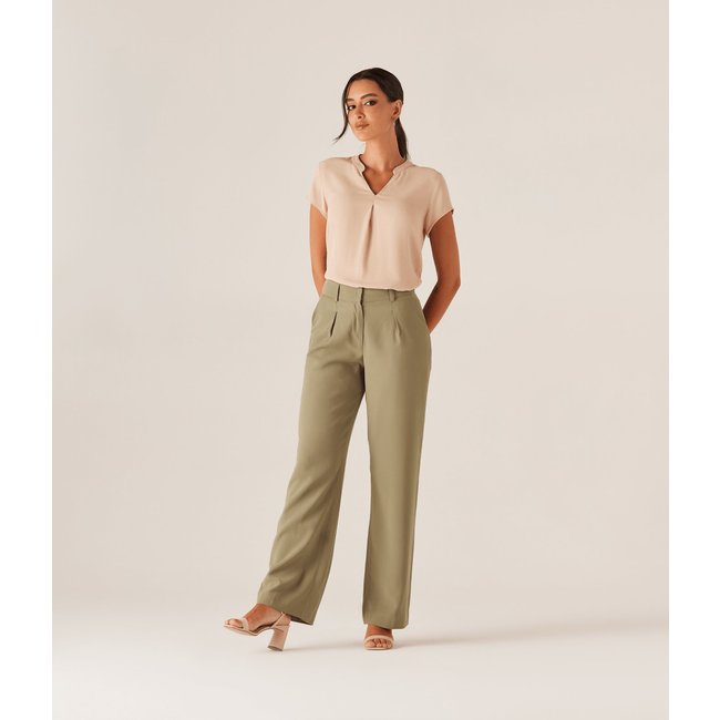 Calca Pantalona Com Pregas Feminina Verde Militar