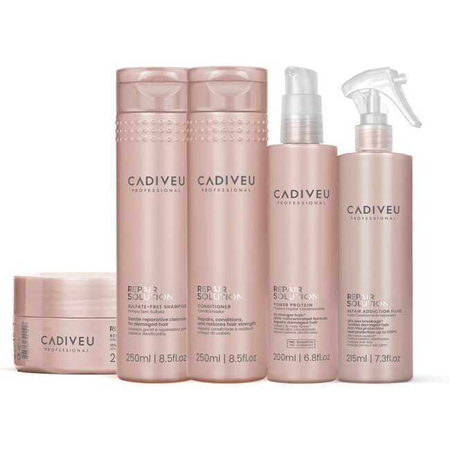 Kit Cadiveu Repair Solution Shampoo Sem Sulfato Condicionador Máscara Fluído e Proteína (5 produtos)