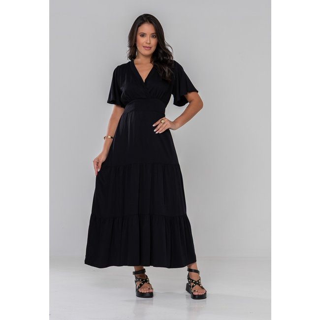 Vestido Aura Dalila Viscosarja Liso Preto