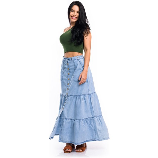 Saia Longa Restrito Jeans 3 Marias Com Botões - AZUL CLARO