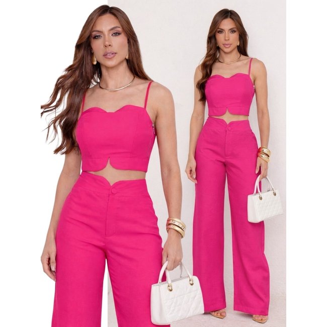 Conjunto Feminino Alfaiataria Divina Gata Cropped e Calça Pantalona - Rosa Valentino
