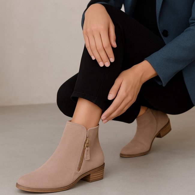 Bota Cano Curto Feminina Bia Ramos em Couro com Fivela Lateral Camurça Areia